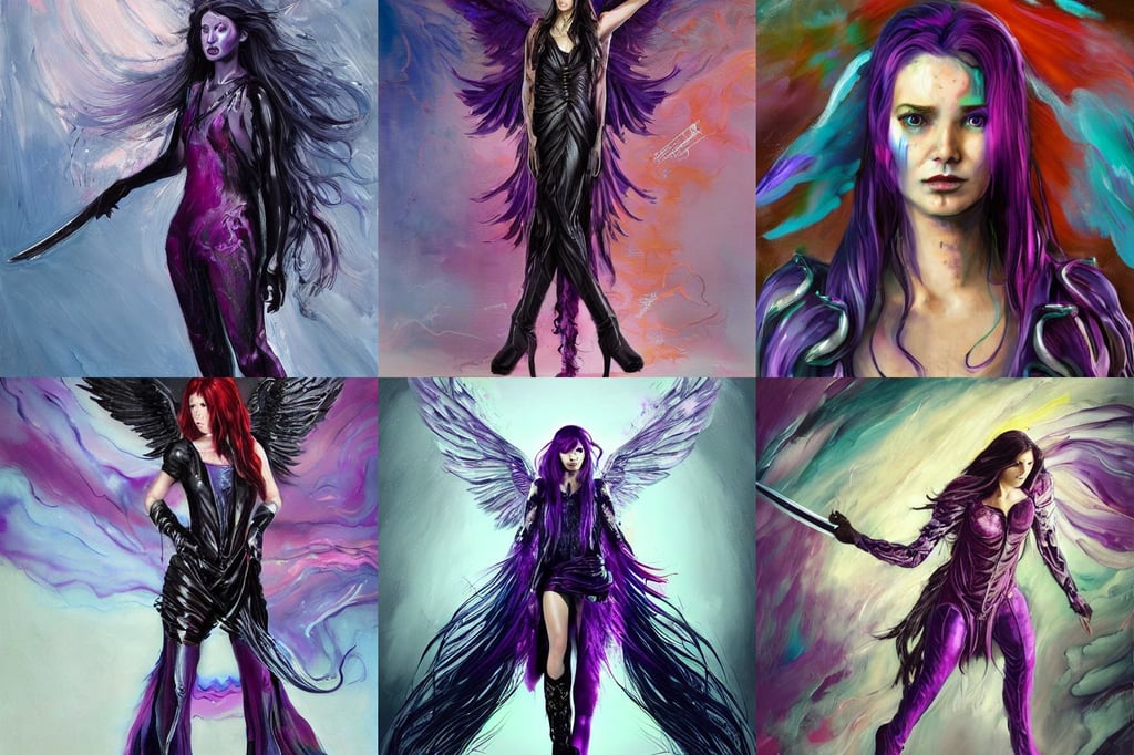 girl with purple long hair and wings holding a sword, swirling black-colored silk fabric. futuristic elements. red kinky boots, artstation trending., godrays, impasto oil painting thick brushstrokes by Cy Twombly and Elaine De Kooning, fursona, axes, film art of character design, josh holloway as joel from last of us 2, apocalyptic color palette, warm colors, kratos, shy, dynamic volumetric lighting, Jeremy Lipkin and Michael Garmash and Rob Rey Sailor-Moon