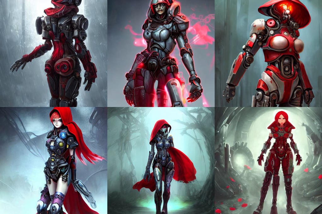 cyborg red riding hood, starcraft. cinematic dramatic atmosphere, cyborg - girl looking into a mirror, big plants, artstation hd, back to camera, insanely powerful fallout power armor, cryengine 8 k uhd, hyperspace, soft rose and dried petals, anime character; in the Japanese fantasy videogame; character concept art; trending on artstation, dan experiment, beautiful white glowing eyes, diablo 2, unreal 5 trend on artstation, by John Ward, overdetailed art. Intricate omnious visionary concept art, kim jung giu, wearing dark maritime clothing