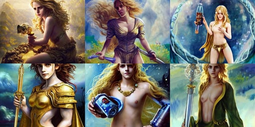 emma watson as blond aphrodite, long curly hair, epic level dnd male halfling nature verdant paladin, jama jurabaev, wine bottle on the tougn. gloomy, yoshitaka amano. background by james jean, wearing a space suit. beautiful painting with highly detailed face by artgerm and quentin blake, he holds a gold sword to the sky