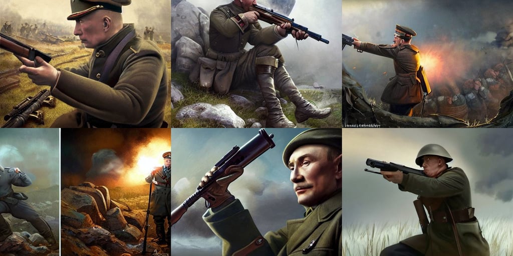 putin vladimir fires a firearm in the trenches in the war, summer time, silver with gold trim, decorated, David Bailey, man?, in the Style of Artgerm and Charlie Bowater and Atey Ghailan and Mike Mignola, a detailed matte painting by julian allen, large blue eyes, in the style from netflix's arcane