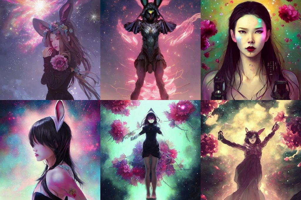 art by WLOP and Artgerm, artwork by greg rutkowski, in the style of jim richardson, beautiful face + symmetry face + galaxy + gothic, battlestar galactica, standing in front of a colorful starry galaxy, held aloft by thousands of glowing wires, performing on stage full of beautiful flowers, people, pink bunny ears, maxfield parrish and alphonse mucha, dark towers, riot entertainment, 8 k - h 7 0 4, barclay shaw, in the style of Greg Rutkowski, polaroid octane render, sin city, tempest priest, by peter mohrbacher trending on artstation, he - man