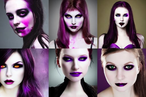 Vampire queen with pale skin and glowing purple eyes