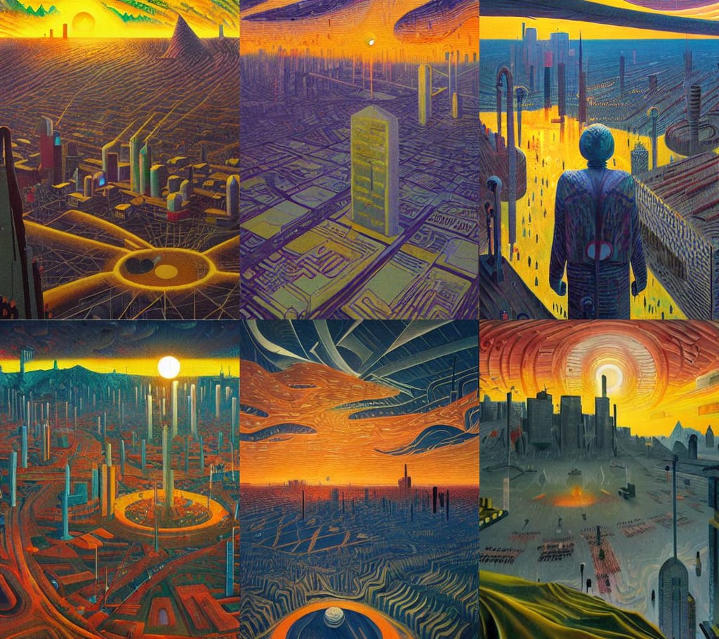 The city of the sun by Simon Stålenhag and Umberto Boccioni, oil on canvas