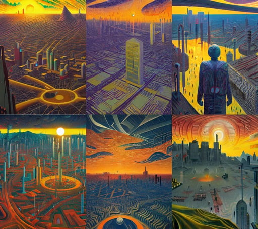 The city of the sun by Simon Stålenhag and Umberto Boccioni, oil on canvas