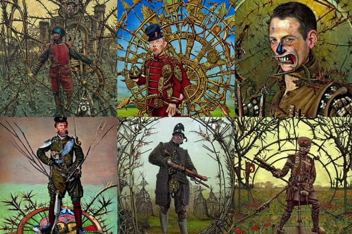 a realistic detailed painting of a steam punk soldier in the style of francis bacon, castle background, mega-detailed, thorns everywhere, medieval poster, high detail digital gouache painting by angus mcbride and michael whelan and jeffrey jones, zodiac wheel stained glass forest background, subtle light accents, very powerful, sincere face, mouth and sharp teeth appearing from the ground, cool pose, complex artistic color ink pen sketch illustration, a bunch of tanks and helicopters, a world made of marble, mark arian, smile