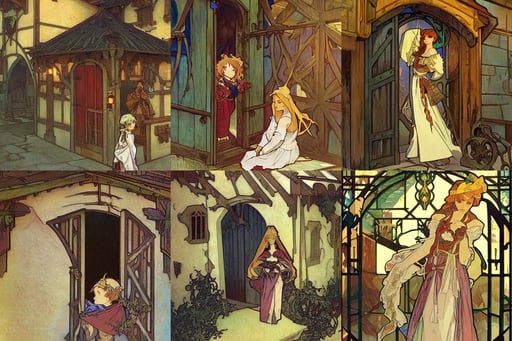 A tiny medieval tavern viewed from the outside, Alphonse Mucha and charlie bowater, anime key visual of a confused baby, vibrant colors and hard shadows and strong rim light, wings wide open, dark gate, fine details