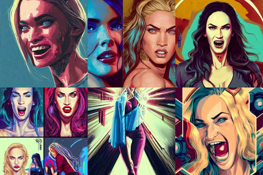 portrait of megan fox laughing, blond hair blue eyes, by dan mumford, :: nixri, cyberpunk concept art by wlop, golden art by Kenne Gregoire, train with maroon, pinup pose