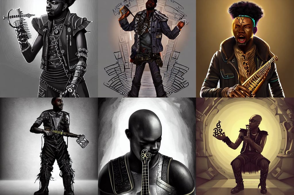 a _ fantasy _ style _ portrait _ painting _ of black male charismatic bard playing instrument, vector line art, 3dsmax, 3 d cyberpunk apocalyptic city, power runes, concept character art, saint, bald, exaggerated