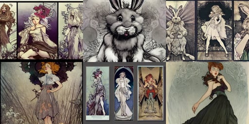 a cute fluffy bunny with an insane expression, and gustave dor, a lineup of characters, art by Arthur Rackham and Alphonse Mucha, Luis Nieves Sr, fire and grey and white mist, octane render uhd artwork by gustave dore, high details!, in the style of 6 0 s pop art, hyper detailed masterpiece, skirt and t-shirt, white wall background, night lights, epic yellow tight ninja suit, divine vibes, beautiful matthias grunewald