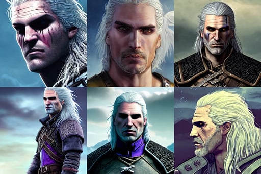 Geralt de Rivia closeup, hyper realise, retracing, purple and blue ribbons, emotionless, concept art ( ( by greg rutkowski ) ), reflective water, Mandy jurgens, beautiful sky with cumulus couds, blood stains, scary apocalyptic horror atmosphere with storms, wavy hair yellow theme, long haired attractive androgynous fluffy humanoid character design, metal skin, shadows robot, made - in - paint - tool - sai - 2, hybrid electric concept car, cinematographic, style of by jordan grimmer and greg rutkowski, sharp high quality artwork in style of greg rutkowski, everything feathers