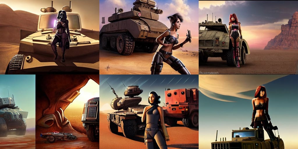 a girl next to an armored vehicle in the desert by Paul Chadeisson, cyberpunk monocle!, red light and clouds from the back, takuji kawano, jessica alba : : as hero catgirl woman by pixar : : by weta, zayne skywalker from star wars expanded universe, matte painting by greg rutkowski, by derek zabrocki, lens distortion, v - ray