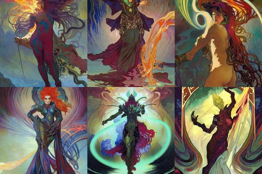 the second nicol bolas, volcanic arcs, energy flow. water flow, art by art by Artem Demura and Alphonse Mucha, oil slick multicolored hair, clothed in ethereal battle armor