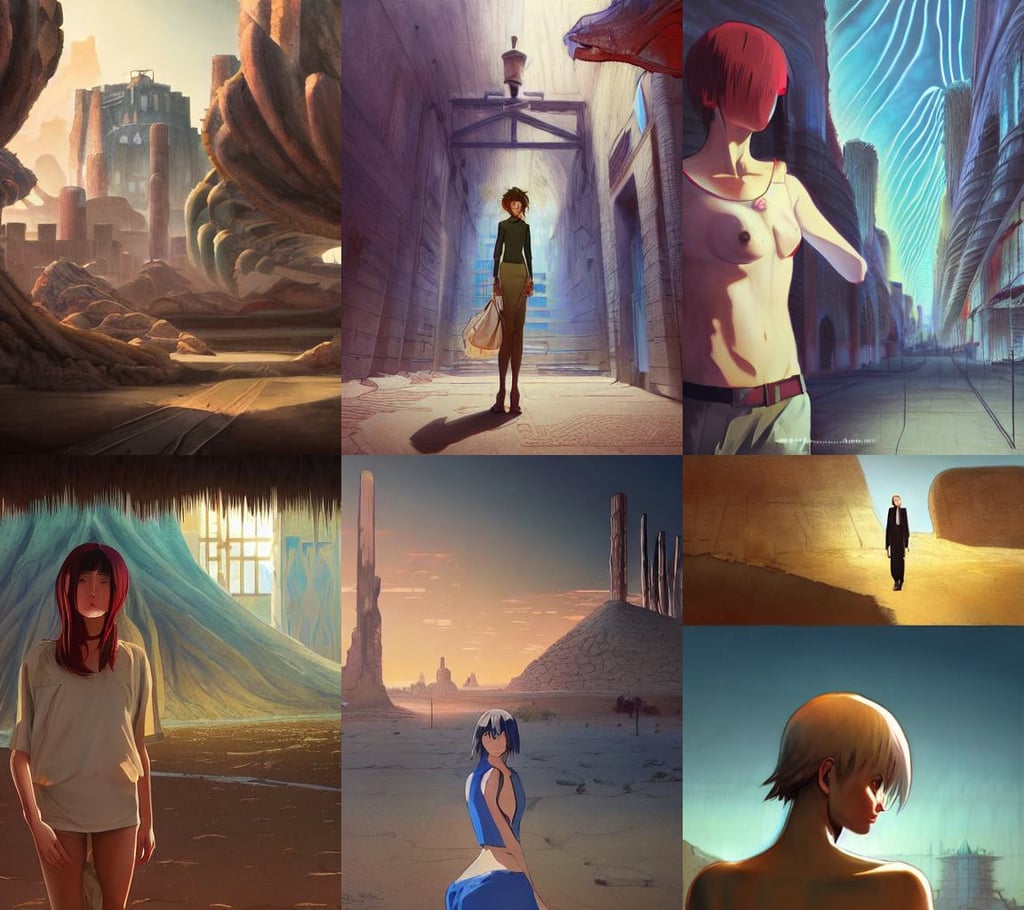 Desert City, realism concept art composition, the perfect human female specimen, featured on pixiv, red black fade hair, white and little royal blue Greek architecture theme, makoto shinkai chiho aoshima genshin impact studio ghibli jamie wyeth greg rutkowski, perfect facial symmetry, silent hill, abs