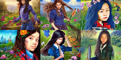 side portrait of a rugged girl witch wearing magic school uniform, long hair vietnamese girl with surfboard, background hyper detailed flower garden, clear julian lage face, masterpiece, wearing a flannel jacket and blue jeans. by Michael William Kaluta., incredible art by Artgerm and Anton Pieck, charismatic