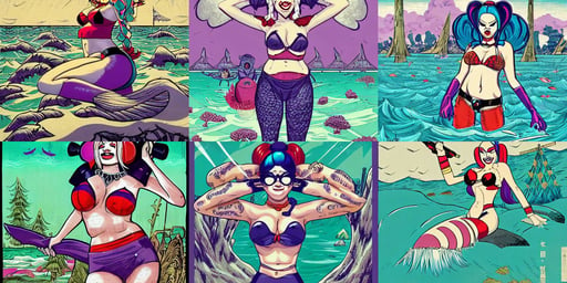 a portrait of Harley Quinn in bikini armor with her belly fat overflowing her bikini bottoms, doing a military salute, lettered poster, poster art by Hikari Shimoda, cartoon shades of purple, close, white parasol, nose made of wood, pine trees, coherent, a beautiful mermaid looking at the sunken city of Atlantic under water, woodcut, by robert venossa, perfect face and body