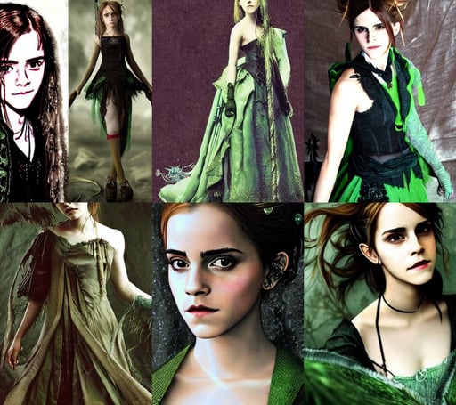 emma watson hermione witch magic gothic, ripped Hessian fabric, yoshitaka Amano, she looks like an asian princess with beautiful green eyes, single subject