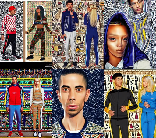 Portrait of mixed race skinny man in a tracksuit & a blonde woman exchanging cockerels in London, lv, highly detailed egyptian patterns, floating through space | | cute - fine - fine details by stanley artgerm lau