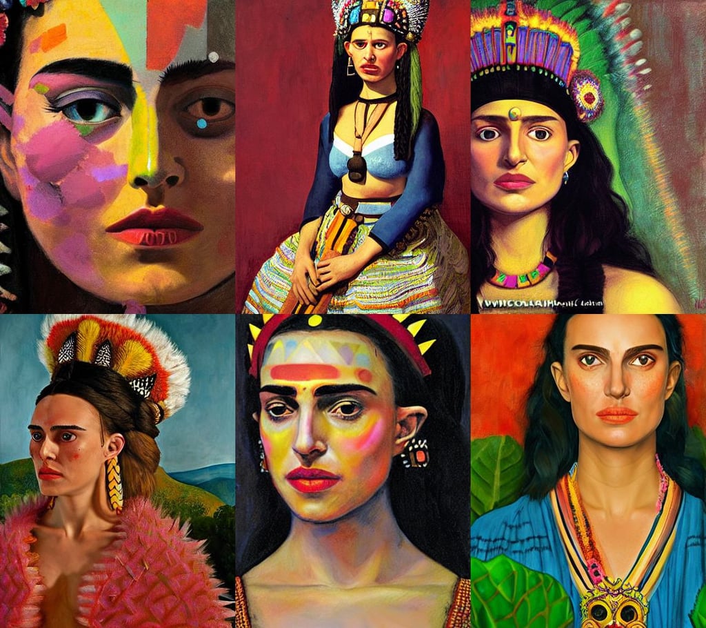 Natalie Portman as Aztec princess, freckles, art by Rembrandt Van Rijn, art by Gustave Courbet, he uses them to make modifications | in the style of Peter Mohr..., art by Magdalena Carmen Frida Kahlo Claderón, Wide-angle shot, synthwave style, art by Winslow Homer, art by Kazimir Malevich, art by Magdalena Carmen Frida Kahlo Claderón, intelligent, art by Caspar David Friedrich, art by Diego Velázquez, art by Piet Mondrian, art by William Blake, art by Tommaso Masaccio, Light Art, art by Michelangelo Buonarroti, gold necklace--iw 1.1, granblue fantasy