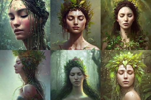 a beautiful portrait of a plant goddess with closed eyes by Greg Rutkowski and Raymond Swanland, wet leaves, Trending on Artstation, ultra realistic digital art