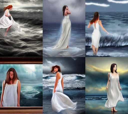 Woman in flowing white dress lost at sea on a stormy night fine art concept art