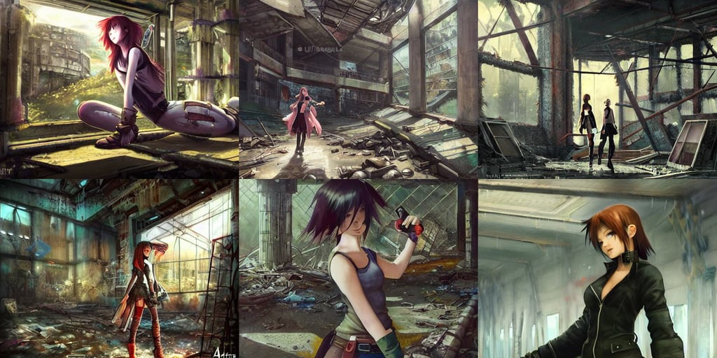 yuffie scavenging through the decaying ruins of an abandoned super duper mart | final fantasy 7, drinking wine, fantasy forest landscape, fantasy epic painting by artgerm, nuri iyem, bright lights, realistic anime style at Pixiv by WLOP, elle fanning in santorini as scarlett witch in prey, pointing, exquisite lighting, fantasy portrait of smiling girl