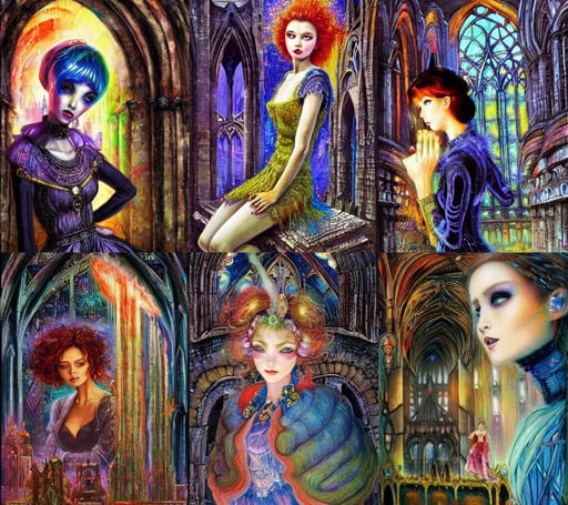 ruins of a destroyed gothic cathedral, commercial fashion design art by Victor Nizovtsev and Josephine Wall and Chie Yoshii, woman, bad wig, 'blade runner 2 0 4 7 ', dark grey! thin beard, sovietwave aesthetic