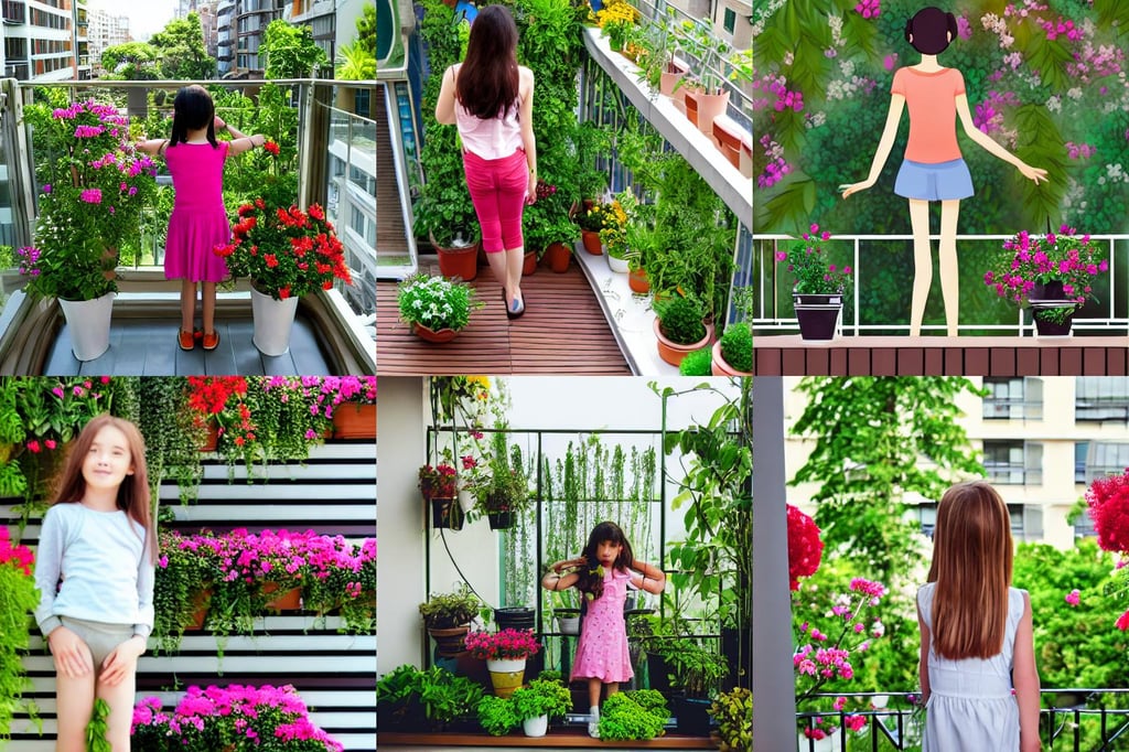 girl stand on the a balcony where plants and flowers all around, 2 d