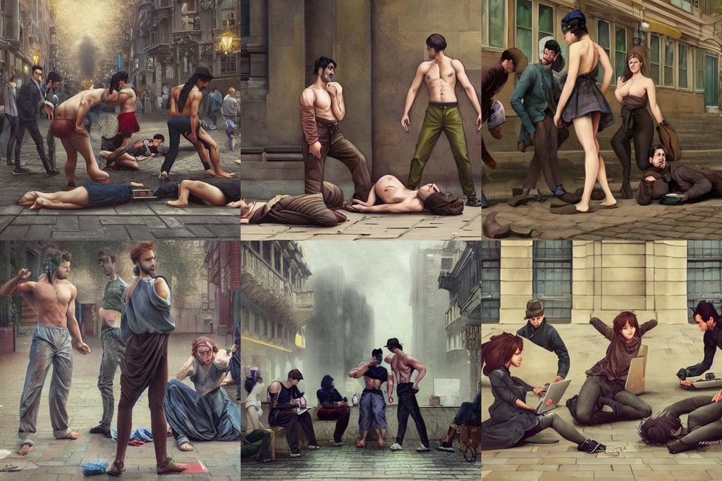 a group of realistic bums using laptops near on street, with abs, powerful stance, mandalorean, Trending on Deviantart, floreal wilted pattern, by enji _ works, art by krenz cushart and artem, dramatic floating pose, victorian era, film lut