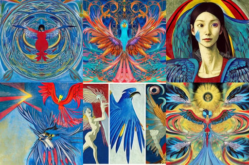 happy smiling blue phoenix bird, makoto shinkai, art by Leonardo Da Vinci, hyper maximalist, art by Hilma Af Klint, art by Tiziano Vecellio Di Gregorio, art by Pablo Picasso