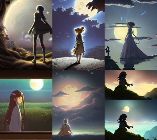 a highly detailed matte painting of a girl watching moon crashing to earth by studio ghibli, 8k resolution concept art filmic complex utopian mysterious moody futuristic, slightly - pointed ears, fake hidden detail, manipulation, Sergey Vasnev, very anime anime!! detailed, western comic, cinematic lighting H 704, beautiful cinematic lighting, haunting!, adolf wolfli and ( donato giancola and bilibin ), intricate detailed environment, in the film 2 0 0 1 a space odyssey, rendered in redshift and unreal engine 5 by greg rutkowski