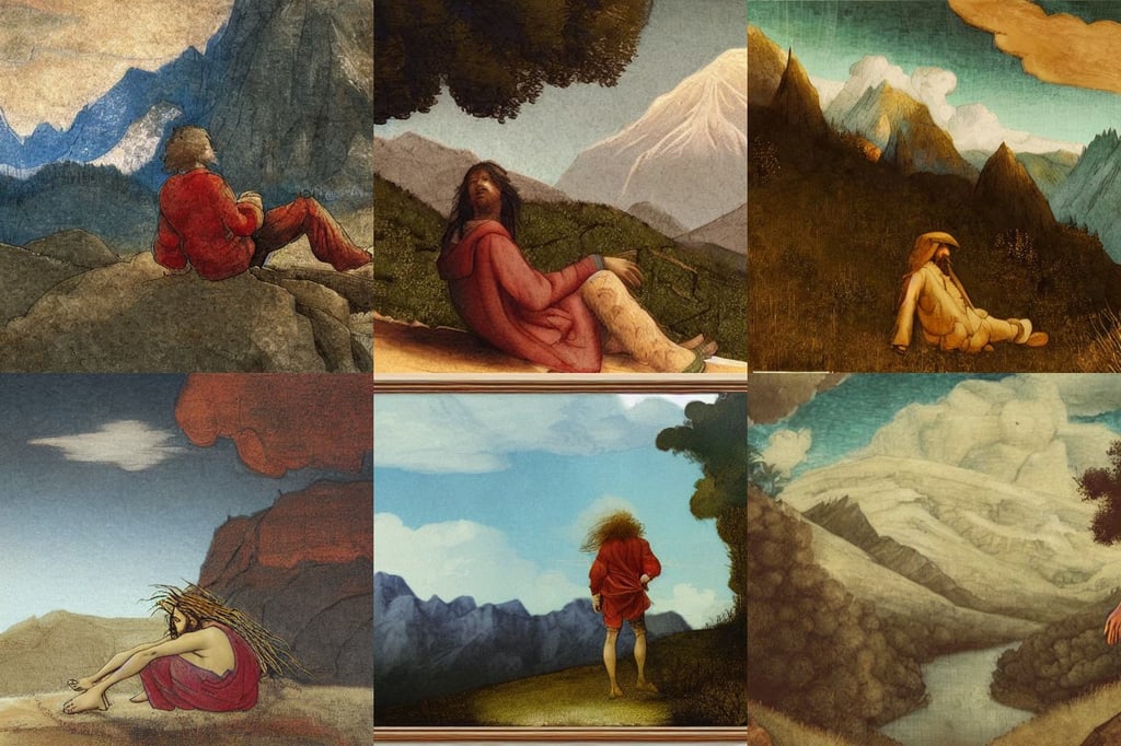 a traveler wandering trough the mountains looking at the clouds, dreads, serene landscape, reclining on moderne red sofa, concept art by leonardo davinci, intricate artwork by Yoshitaka Amno, smiling sweetly