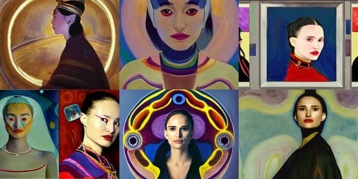 Natalie Portman as Futuristic Mongolian princess, art by Hilma Af Klint, smile, art by Wassily Kandinsky, a haunting scene, art by Rembrandt Van Rijn, art by Artemisia Gentileschi, movie scene, Octane render, portrait, art by Edvard Munch, by tsutomu nihei, twilight, photshoot, night, landscaping and lawns, art by Joan Miró