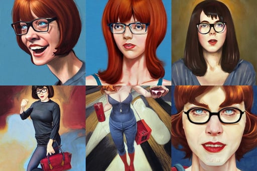 Velma Dinkley, You keep on grinnin' and this world keeps nagging, with black hair, (((light brown))) hair and (((ruby))) (((red))) eyes, by lucian freud, cell bars, 4 k digital art from artstation by artgerm and greg rutkowski and wlop, art by collier, long straight blonde hair and blue eyes, Vermeer