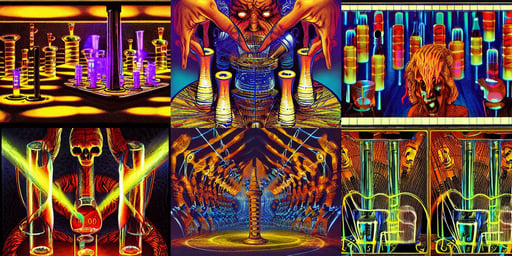 maniac playing music in hell, graduated cylinders, by clyde aspevig, high hyper epcot, flawless face, rgb led lights!! intricate, art by Adolf Wölfli and John Howe-W 640