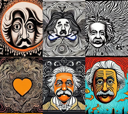 breathtakingly beautiful painting of an elegant albert einstein, mcbess, a floating burning love potion in the center, rusted, organic shapes