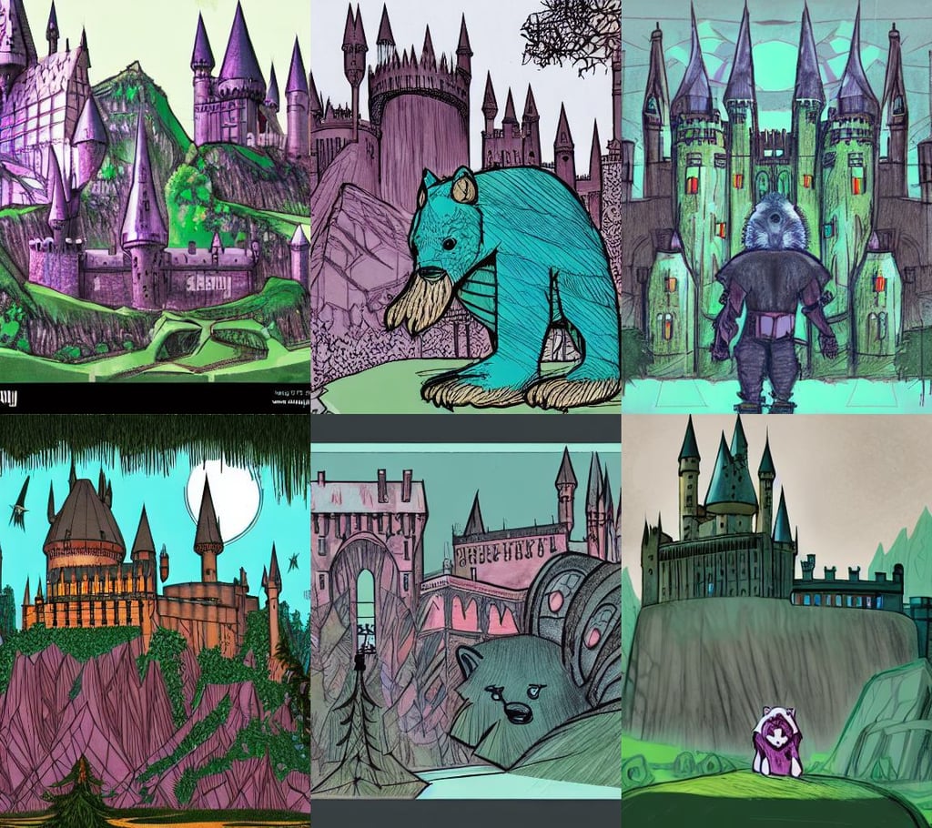 huge hogwarts type castle city in the forest behind a garden, concept art sketch of a mechanical vehicle, furry badger, teal pink color palette, two-dimensional, the Philistine warrior giant by frank miller