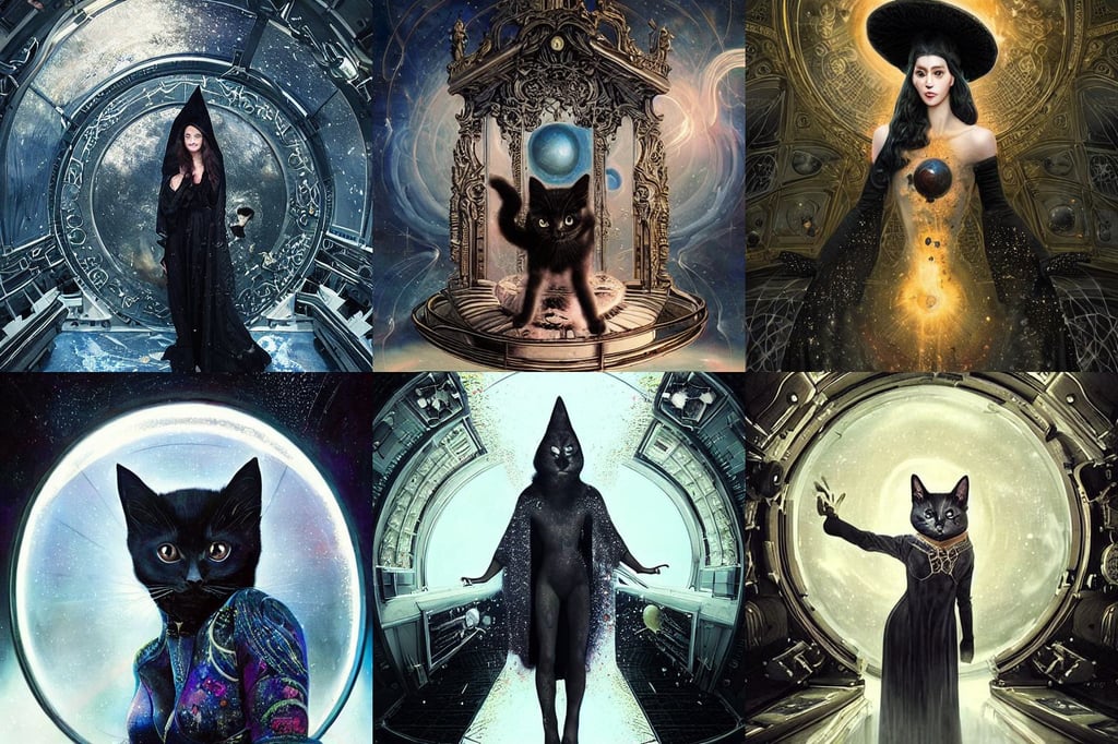 black kitten inside international space station, tom bagshaw, curlier look., a portal with elvish symbology opened, Dramatic light by Denis Villeneuve, highly detailed and intricate, splatter, ferred - themed robes and hat, over-detailed art, crossbred species, chateau de Versailles, behance hd artstation by josh black, art by salvador dali, mountains in background with incredibly tall trees, highly intricately detailed, full length wide shot, his brain visible like mojo jojo, bright sunlight, cgsociety, serving in a space bar