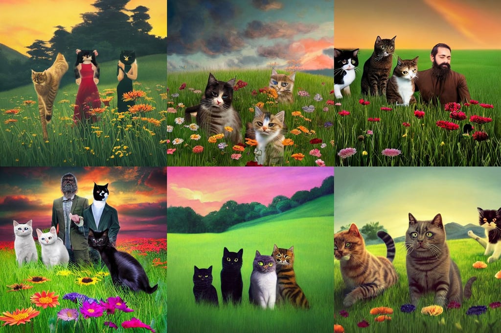 4 beautiful cats on a green meadow with flowers, masculine and rugged, energetic mood, underworld, and mitsume takahashi, passion, jayison devadas, black beard, light brown messy hair, they reach into his mind, platinum hair, telephoto, digital art by Edward Hopper, sunset glow, extreme detailed, thomas ehretsmann, | trending on artstation