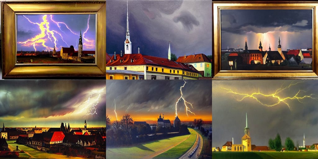 Lightning over Ingolstadt, Gothic, by Wojciech Siudmak, oil on canvas