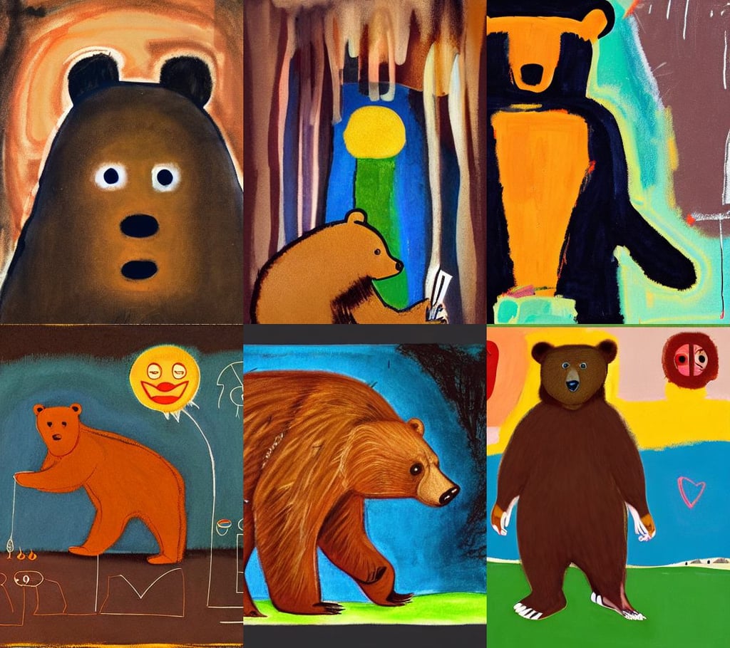 cute illustration sketch brown bear wearing pinafore, bill henson style, art by Sandro Botticelli, Art Deco, art by Mark Rothko, art by Jean-michel Basquiat, anthropomorphic, art by Joan Miró, book ilustration, deviantart, full hd render +4k UHD + immense detail + dramatic ligthning + black and purple, art by Winslow Homer, federichi, quality render style of Masamune Shirow and Tsuaii