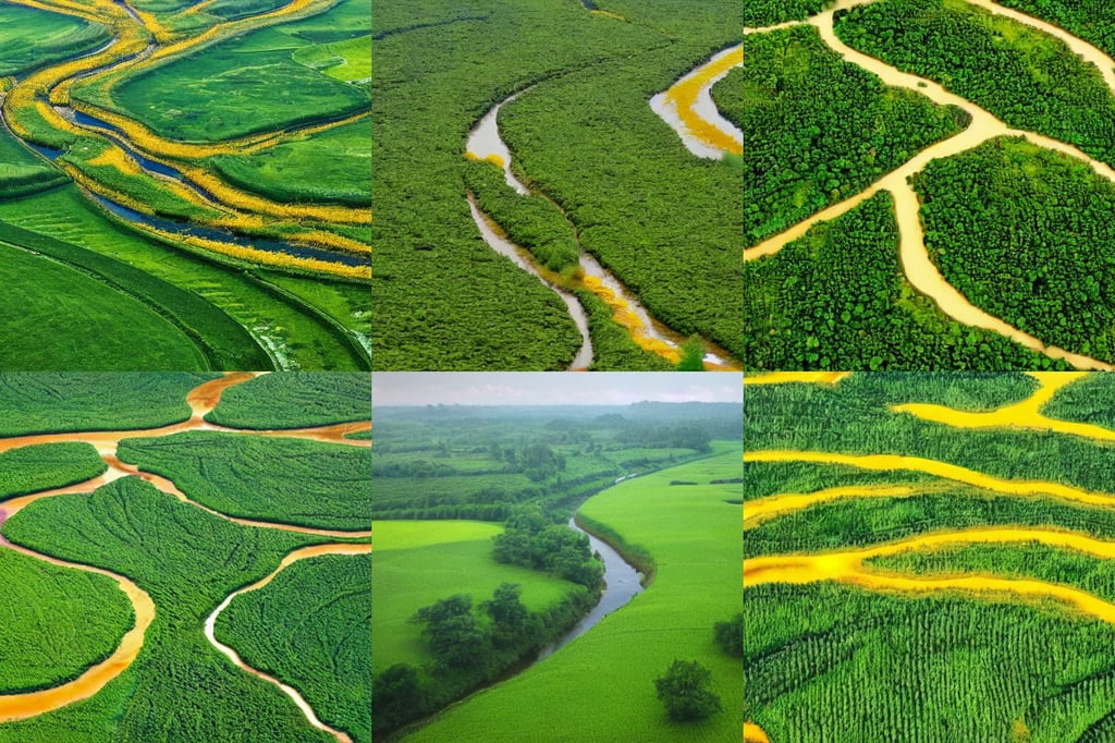 a mustard river meanders through a lush green field