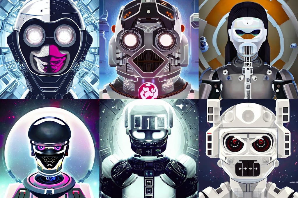 symmetry!! portrait of cyborg ninja, high detailed space station interior, hyper realistic texture, white hair and cute face, brawl stars, cosmic horror painting