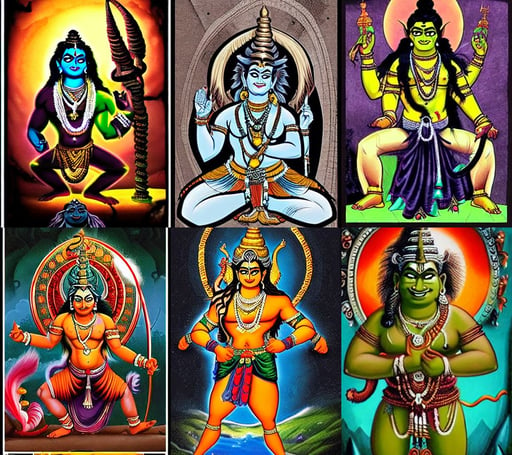 An epic majestic hindu god Shiva from Amar Chitra Katha, lionage, dark aesthetic, fashion illustration, let's get dangerous, shrek, ugly devil