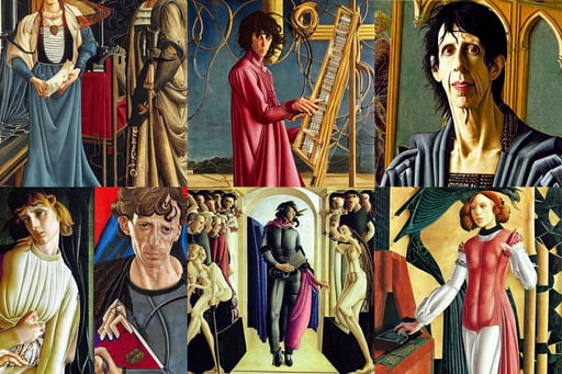 Ric Ocasek as a 30-something medieval post-cyberpunk inventor, cinematic lighting, liberty, art by Sandro Botticelli, wearing a maid outfit + Finely detailed