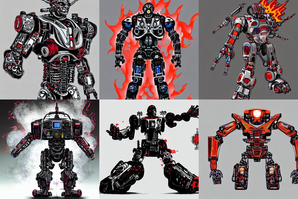 full body concept flat colored marker art terminator robot with flames around it, devil wings, artstation. fractal papersand books. highly detailed digital painting, kim jung gi, robot samurai fighting cyborg cowboys, realistic anime style at CGSociety by ilya kuvshinov, photoshop concept art, overlord season 4, xenogears, holding a Nintendo Switch, vtol