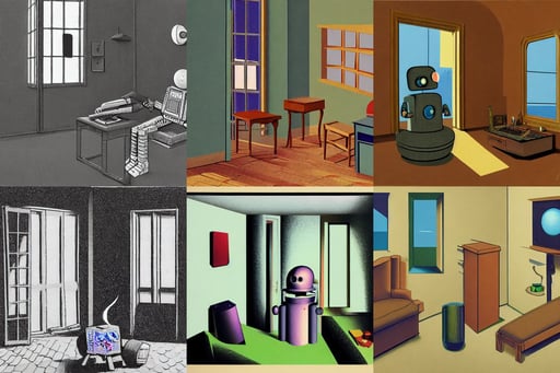 a study of cell shaded cartoon of the interior of a room, broken robot, dariusz zawadzki, and rene magritte. detailed, smoking wooden pipe