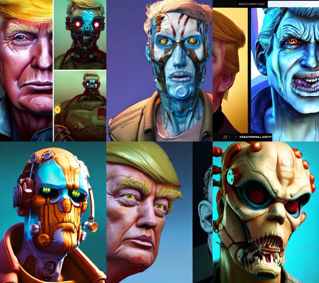 a study of cell shaded portrait of donald trump cyborg as Borderlands 3 concept art, art by krenz cushart and albert aublet, intricate artwork by tooth wu and wlop and beeple. glossy octane render, concept art masterpiece brad kunkle hannah yata dramatic blue light low angle hd 8 k sharp focus, 1 / 1 6 0 s, reflects, pencil drawing, unexpected, black hat