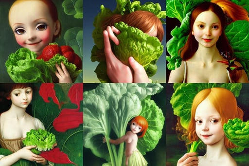 a smiling imp holding lettuce, Bokeh, cute anime girl, art by Gerhard Richter, gorgeous, goodness, high quality, bill henson style, unreal engine, art by Sandro Botticelli, art by Leonardo Da Vinci, hd 8k