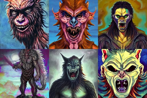 dnd npc horrifying werewolf. painted portrait, tank, art by Mark Rothko, art by Diego Velázquez, art by Pablo Picasso, synthwave style