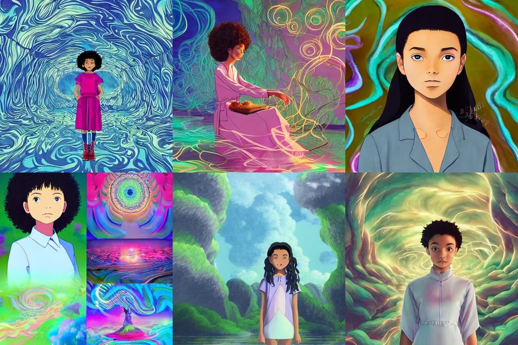 electric yara shahidi, shaded lighting, fractal swirls. a fantasy bakery background by studio ghibli, next to a river, anh dang, realistic portrait